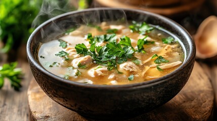 A steaming bowl of homemade chicken soup, garnished with fresh parsley