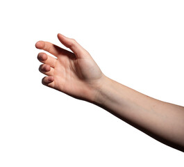 Hand holding. Female arm with open palm and fingers showing gesture to grab, pick, take or give...