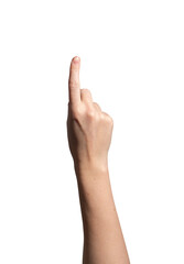 Finger pointing up. Female hand with index gesture showing direction, touch, click or select button. Young woman giving creative signal with power. Isolated on white background...