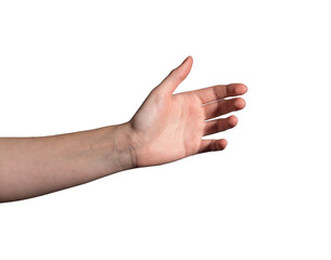 Hand with open palm. Female arm showing gesture to hold, grab, pick, give or catch object. Young woman presenting empty space with clear and bare skin. Isolated on white background...