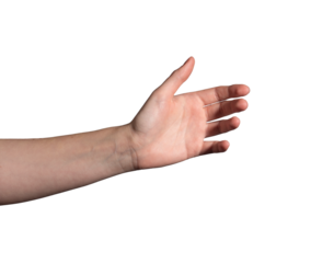 Hand with open palm. Female arm showing gesture to hold, grab, pick, give or catch object. Young woman presenting empty space with clear and bare skin. Isolated on white background...