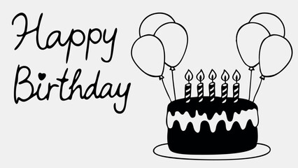 Vector design with calligraphic inscription "Happy Birthday" creates a festive atmosphere. The illustration includes balloons, a birthday cake with candles and decorative elements.