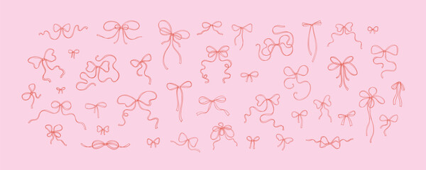 Set of hand drawn doodle ribbon bows. Cute line art vector vintage illustration. Trendy design elements in coquette minimalist style for wedding, Valentines day, birthday party. Present and gift box