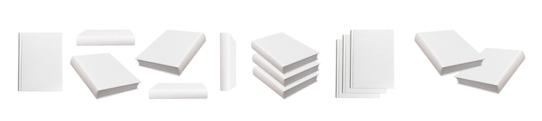 Book mockup collection with blank hardcover. Stack showing front, back, spine, side and tilted view...