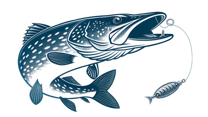 Obraz premium Pike fish and lure, silhouette of a predatory fish with bait. png background