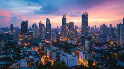 Obraz premium Cityscape at dusk bangkok urban photography nighttime aerial view vibrant skyline