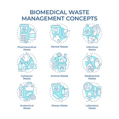 Biomedical waste management soft blue concept icons. Infection trash control. Regulation, compliance. Icon pack. Vector images. Round shape illustrations for presentation, article. Abstract idea