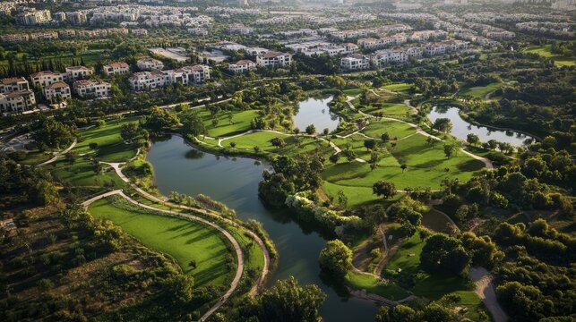 tpp view of the new neighborhood in Israel, showcasing its lush greenery and diverse residential areas nestled within an urban landscape, creating a harmonious blend between nature and city life