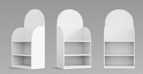 Cardboard display shelves set with arch shape. Realistic vector mockup of promotional stands with tiers for products marketing, advertising. Empty racks collection isolated on transparent background.