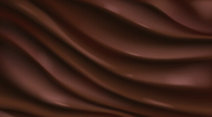 Brown silk fabric or liquid chocolate swirls background. Smooth creamy melted chocolate or cocoa ripples abstract texture. Flowing curves, waves and folds. Truffle ganache or hot fudge sauce.