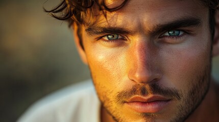 Obraz premium A captivating portrait of a young man with striking blue eyes and defined facial features. This image embodies beauty and confidence in a natural setting. Generative AI