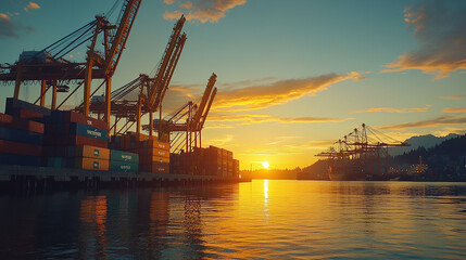 Obraz premium At the busy golden hour of the container terminal, towering cranes form silhouettes in the sunset, and colorful containers are reflected on the water, showing the vitality of global trade.
