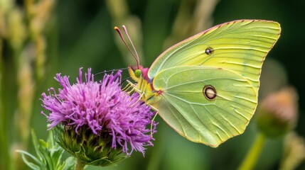 A vibrant green butterfly rests on a blooming flower. The beautiful colors come together to create a stunning nature scene. Witness the wonder of nature. Generative AI