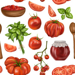 A seamless pattern with juicy red tomatoes, wooden plates with sauces. A healthy diet of vegetables and ingredients. Floral background for packaging and textiles. Digital isolated illustration