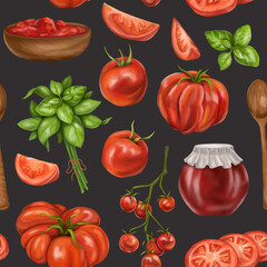 A seamless pattern with juicy red tomatoes, wooden plates with sauces. A healthy diet of vegetables and ingredients. Floral background for packaging and textiles. Digital isolated illustration