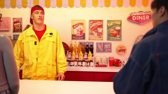 Happy restaurant worker with yellow shirt and red cap slice bottle of water to diverse customer. Professional man holding bottle and serve to diverse people at food store or food truck. Regalement.