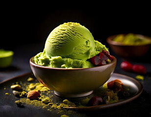 Delicious matcha ice cream dessert kitchen food photography dark background close-up indulgence