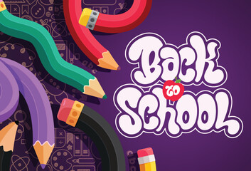 Back to school background clipart design. Back to school text clip art in purple educational material doodle background with hand drawn color pencil in curved shape for teacher and students art 
