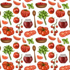 A seamless pattern with juicy red tomatoes, wooden plates with sauces. A healthy diet of vegetables and ingredients. Floral background for packaging and textiles. Digital isolated illustration