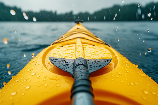 close-up view from a yellow kayak in the rain on a moody lake with water droplets and paddle detail