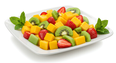 Fresh fruit salad with strawberries, kiwi, and mango on a plate  