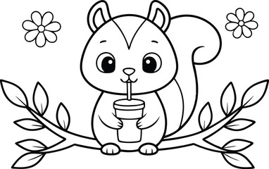 Outline Drawing of Squirrel with Cup on Branch With Flowers Isolated on White
