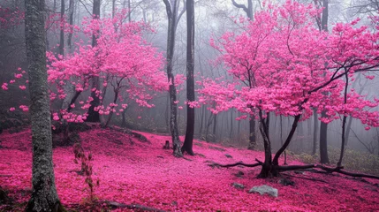 Gordijnen serene landscape featuring vibrant pink flowers in misty forest © mingnimit