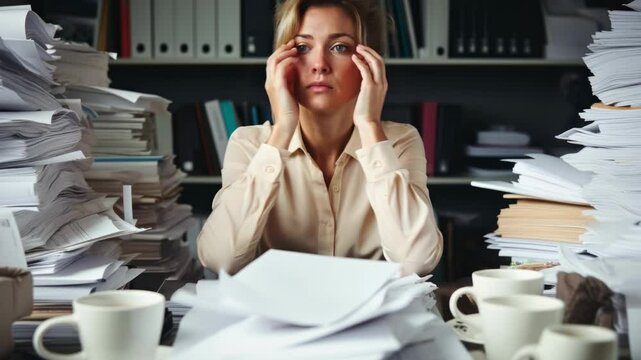 Overhead shot of a stressed woman at a cluttered desk, surrounded by piles of papers and coffee cups, conveying a chaotic work video concept.