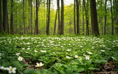 Obraz premium Of a forest in spring with fresh green leaves and flowers blooming on the ground