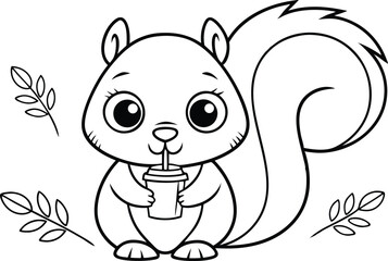 Cute Squirrel Outline with Boba Tea Cup and Leaves on Transparent Background