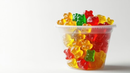 A 3D close-up of a cup filled with colorful gummy bears, isolated on a white background with room for branding