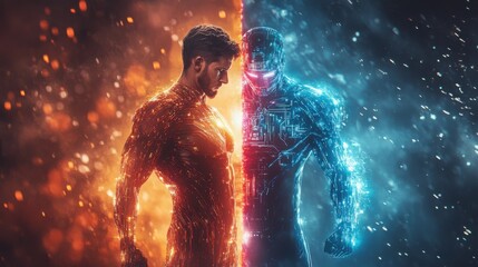 Naklejka premium In a neon-lit digital arena, a confident human faces a sleek AI counterpart, symbolizing the clash of strength and technology amidst glowing circuits.