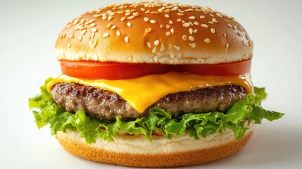 A 3D close-up of a juicy cheeseburger with fresh lettuce and tomato, placed on a white background with space for text