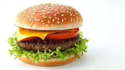 A 3D close-up of a juicy cheeseburger with fresh lettuce and tomato, placed on a white background with space for text