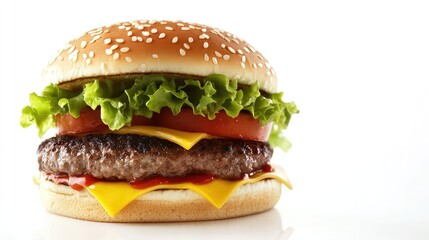 A 3D close-up of a juicy cheeseburger with fresh lettuce and tomato, placed on a white background with space for text