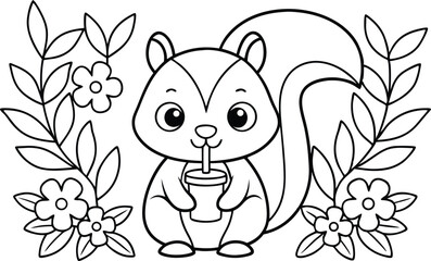 Cute Squirrel Sipping Drink with Flowers and Leaves Outlined in Black on White
