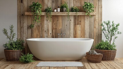 Fototapeta premium Elegant Minimalist Bathtub with Green Plants on Wooden Wall