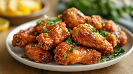 Crispy, saucy chicken wings steal the show! A vibrant red glaze and fresh cilantro elevate this delicious overhead shot
