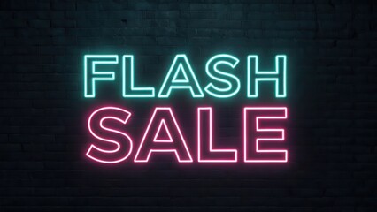 Obraz premium Minimal flash sale neon sign banner with glowing teal and pink letters on dark brick wall background for late-night deals.