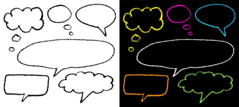 Grunge scribble bubbles for sketch design. Hand drawn chalk brush speech bubbles set. Abstract chalk and crayon pencil style. Vector illustration.