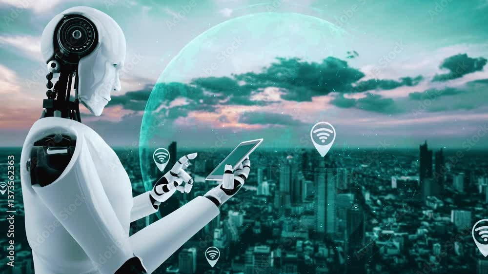Poster robot hominoid use mobile phone or tablet for global network connection using ai thinking brain , ar
