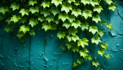 a lush green vine cascading down a textured, teal-colored wall. The leaves are vibrant  