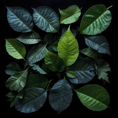 dark green and dark gray leaves arranged beautifully on a solid black background