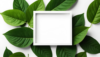 green leaves with white square frame, flat lay, for advertising card or invitation