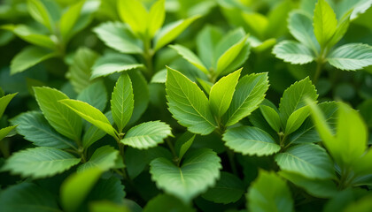 green leaves, creating a sense of nature and tranquility. The varying shades