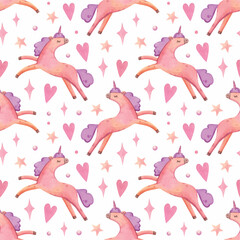 Watercolor hand painted unicorn pattern. Nursery, love, animals, stars, horses, hearts. White background. Use it for postcards, invitations, and scrapbooking.