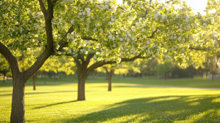Naklejka premium Lush green trees with blooming flowers in sunny park