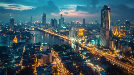 Fototapeta premium Evening skyline view bangkok urban landscape city lights aerial perspective vibrant nightlife