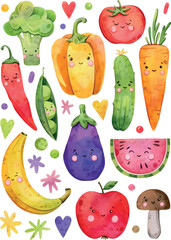 Fototapeta premium Watercolor hand painting fruits and vegetables set. Illustration isolated on white background. Carrot, broccoli, watermelon, banana, pepper, tomato. Use it for cards, invitations and scrapbooking.