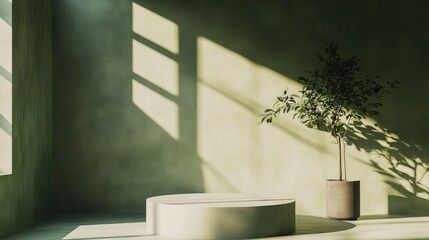 A cozy, modern studio with muted olive green walls, an empty podium, and shadow textures from soft sunlight.